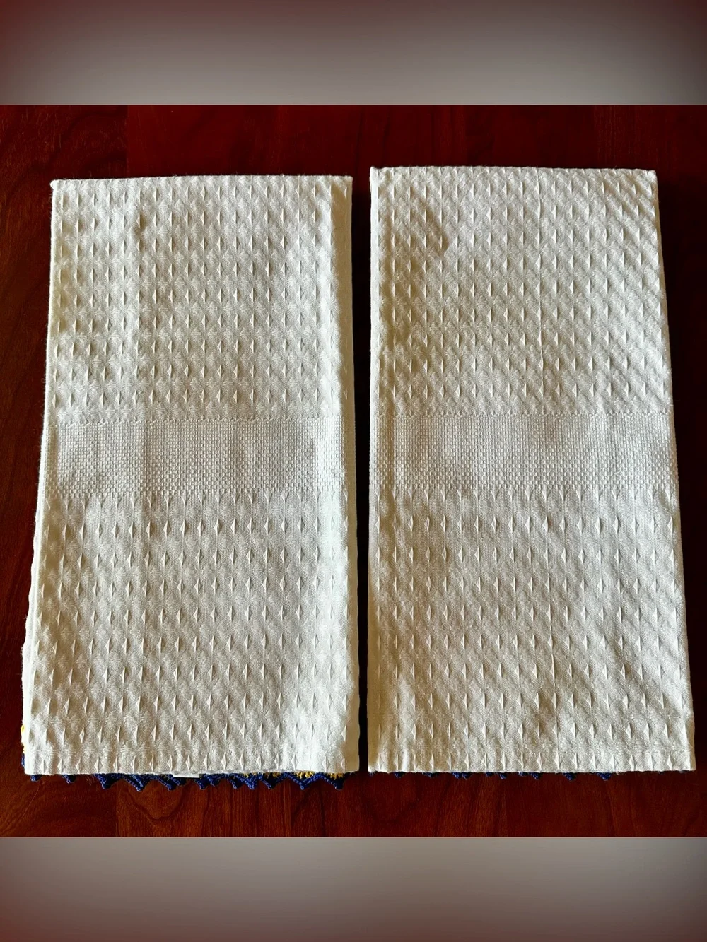NWOT Pair of embroidered and crocheted tea towels. White cotton waffle weave.
